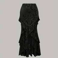 Spódnice - TEMU Gotycka Elegancka Spódnica w Stylu Dziesięciorzędowego Dworu z Aplikacją Koronki, Ozdobiona Tłoczonym Aksamitem z Koronkowym Dziobem. - miniaturka - grafika 1