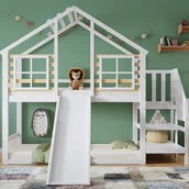 Łóżka dla dzieci i młodzieży - Łóżko piętrowe 90x200cm z litej sosny - ze schodami i zjeżdżalnią - białe - miniaturka - grafika 1