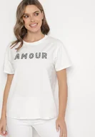 Koszulki i topy damskie - Biały T-shirt z Bawełny Ozdobiony Haftowanym Napisem z Cekinami Marisiana - miniaturka - grafika 1