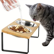 Inne - TEMU Podwójna Miska dla Kota z Materiału Bambusowego i Stali Nierdzewnej Chroni Kręgosłup Szyjny Kota, Miska na Karmę i Wodę dla Kota, Stacja - miniaturka - grafika 1