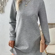 Sukienki - TEMU Elegancka Sukienka Damska z Długim Rękawem w Kształcie Litery A - Jednolity Szary , Okrągły Dekolt, Linia H (Przyjazna dla Krągłości) - Sukienka - miniaturka - grafika 1