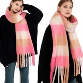 Apaszki i szaliki damskie - Duży Ciepły Szal Gruby Elegancki Szalik Damski W Kratę Modny Chusta Kolor Różowy - miniaturka - grafika 1