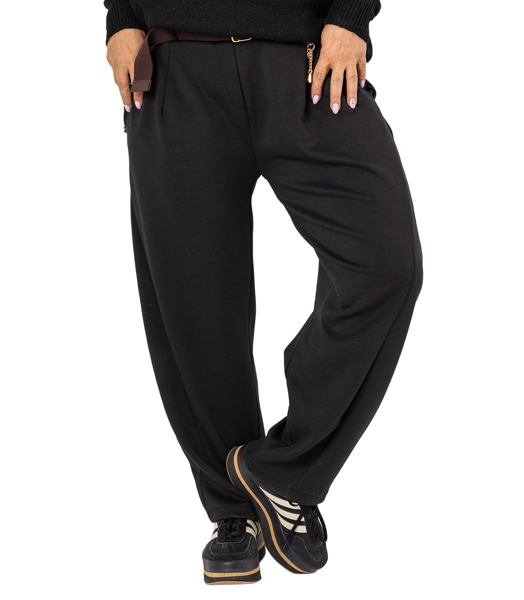 Damskie spodnie materiałowe banana fit z paskiem LILIANA