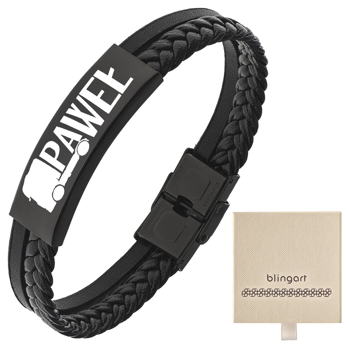 Bransoletka męska z GRAWEREM czarna plecionka blas