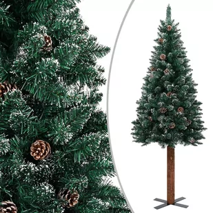 vidaXL Smukła choinka z drewnem i śniegiem, zielona, 150 cm - Choinki - miniaturka - grafika 1