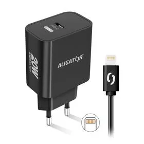 Ładowarka sieciowa Aligator Power Delivery 20W, USB-C + kabel pro Apple (CHPD0015) Czarna - Ładowarki do telefonów - miniaturka - grafika 1