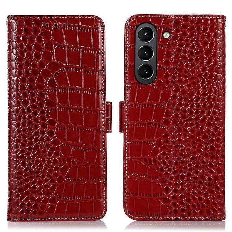Kompatybilny z Samsung Galaxy S21 FE 5G RFID Oryginalny portfel ze skóry bydlęcej Pokrowiec na telefon, składany stojak z teksturą krokodyla Czerwony