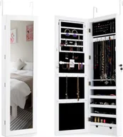 Biżuteria - akcesoria - Szafka na biżuterię z 15 diodami LED, stojak na biżuterię, kuferek na biżuterię z pełnowymiarowym lustrem, 5 przegródek i 2 szuflady, zamykana szafka z lustrem na biżuterię, wisząca na drzwiach, biała - miniaturka - grafika 1