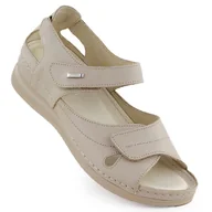 Sandały damskie - Skórzane sandały damskie na rzepy komfortowe ekri Helios 139-10 - miniaturka - grafika 1