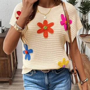 TEMU Elegancki top damski z kwiatowym wzorem z viskozy - kolorowy 3D wzór z dzianiny, krótki rękaw, okrągły dekolt, swobodna letnia bluzka z kwiatową - Swetry damskie - miniaturka - grafika 1