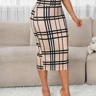 Spódnice - TEMU Elegancka Spódnica w Kratę - Beżowa/Brązowa/Czarna/Biała, Dopasowana Spódnica Ołówkowa, Od Biura po Imprezę, Pranie w Praniu Maszynowym, Odporna - miniaturka - grafika 1