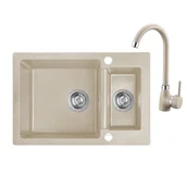 Zlewozmywaki - Laveo Celia granitowy 1,5-komorowy 65x44 cm z baterią zlewozmywakową beżowy SJCA430T - miniaturka - grafika 1