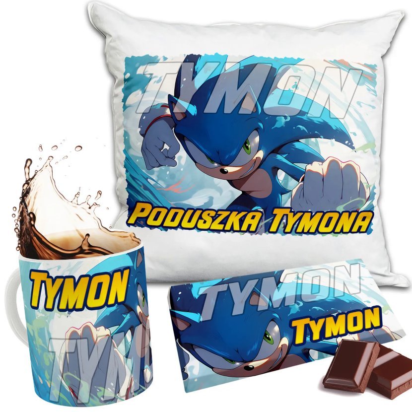 Zestaw SONIC X HEDGEHOG Kubek + Poduszka + Czekolada + Imię Prezent Nadruk