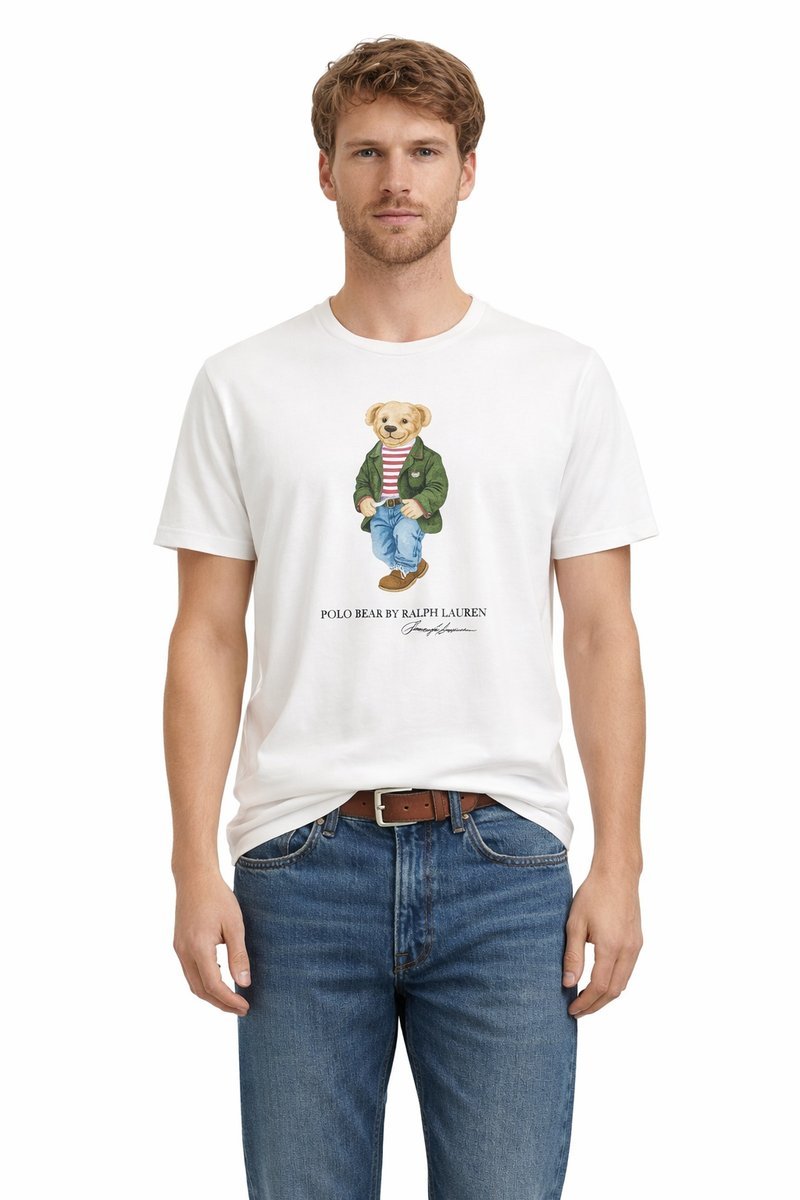 RALPH LAUREN BIAŁY T SHIRT Z NADRUKIEM MISIA I OKRĄGŁYM DEKOLTEM S 1I4A