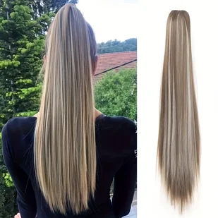 TEMU Długie, proste, syntetyczne przedłużanie grzywy - Elegancka blond włosowa dla kobiet, naturalny wygląd do codziennego użytku, dodaje objętości i - Pozostałe akcesoria fryzjerskie - miniaturka - grafika 1