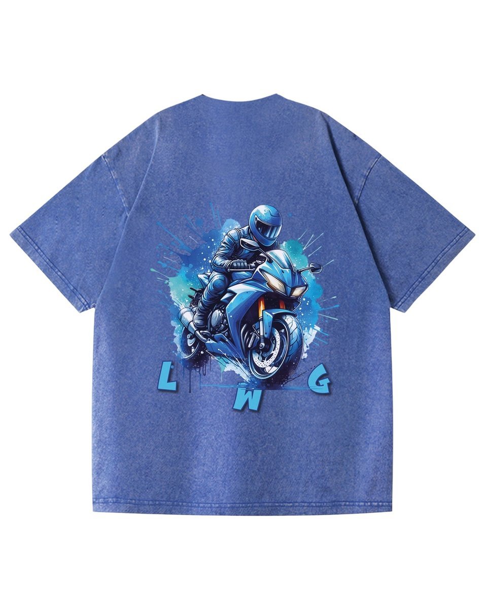Damska koszulka oversize efekt sprania Sportowy Motocykl Niebieska L