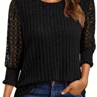 Swetry damskie - TEMU Elegancki sweter z rękawami 3/4 Casualowy okrągły dekolt z falbankami i koronkowymi mankietami oraz wzorem w jednolitym kolorze, odpowiedni na - miniaturka - grafika 1