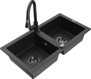 Mexen Mario zlewozmywak granitowy 2-komorowy z baterią kuchenną Elia, czarny/srebrny metalik - 6504-73-670101-70-B - Zlewozmywaki z baterią - miniaturka - grafika 1