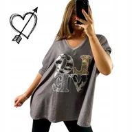 Bluzki damskie - BAWEŁNIANY SWETER LOVE luźny cyrkonie tunika błysk jak jedwab 50 52 5XL 6XL - miniaturka - grafika 1