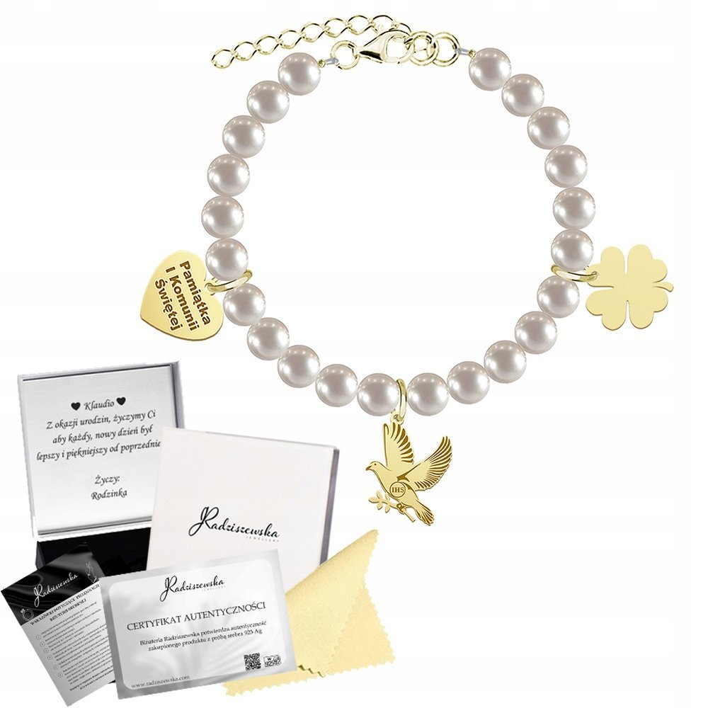 Bransoletka Złota Gołąb IHS Serce Koniczyna z Grawerem 925 I KOMUNIA ŚWIĘTA