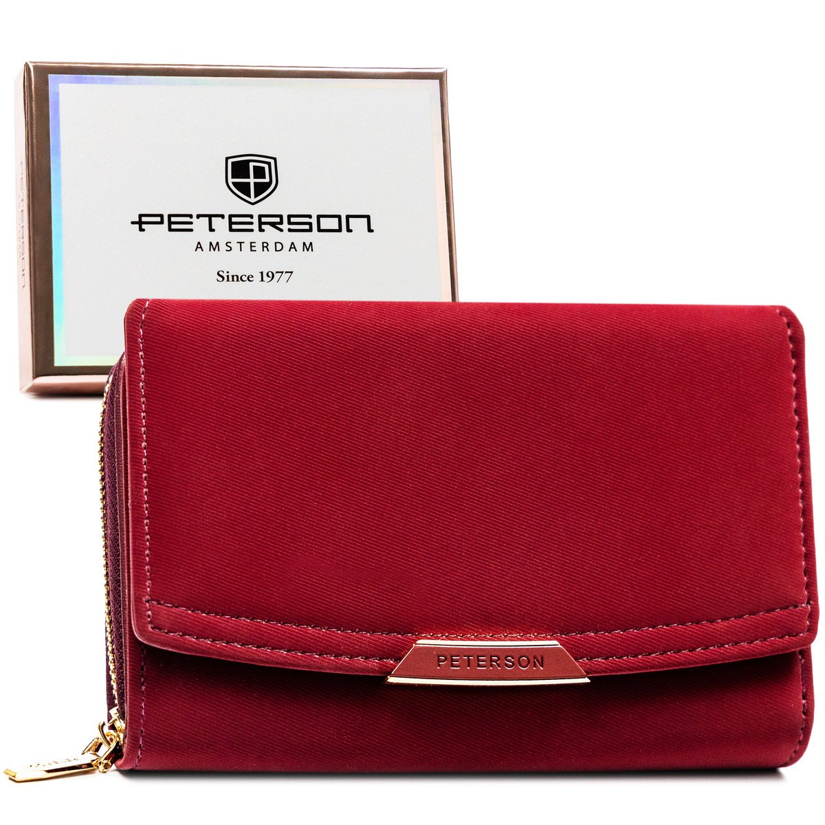 Elegancka mała portmonetka damska na zatrzask i suwak PETERSON bordowy mały poziomy portfel ze skóry ekologicznej rozbudowany na karty pudełko preze..