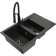 Zlewozmywaki z baterią - Mexen Gaspar zlewozmywak granitowy 1,5-komorowy z ociekaczem i baterią kuchenną Aster, czarny/złoty metalik - miniaturka - grafika 1