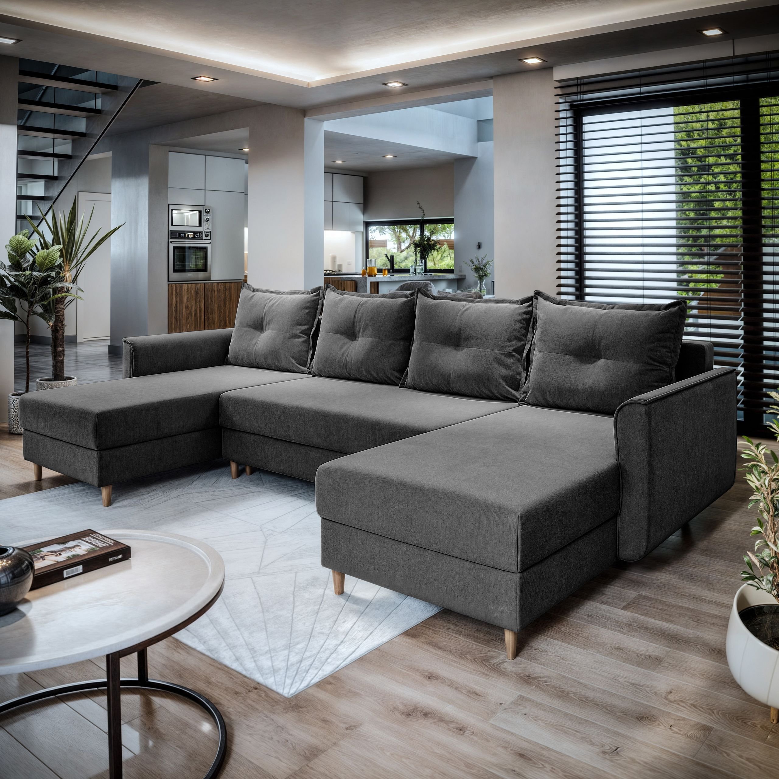 Masseno Narożnik VERNI z funkcją spania i pojemnikiem na pościel Kształt U, Rozkładana sofa, Rogówka - Szary, PAROS 06