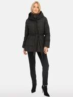 Kurtki damskie - Krótka wiązana puchowa kurtka damska z kapturem Czarny XXL - miniaturka - grafika 1