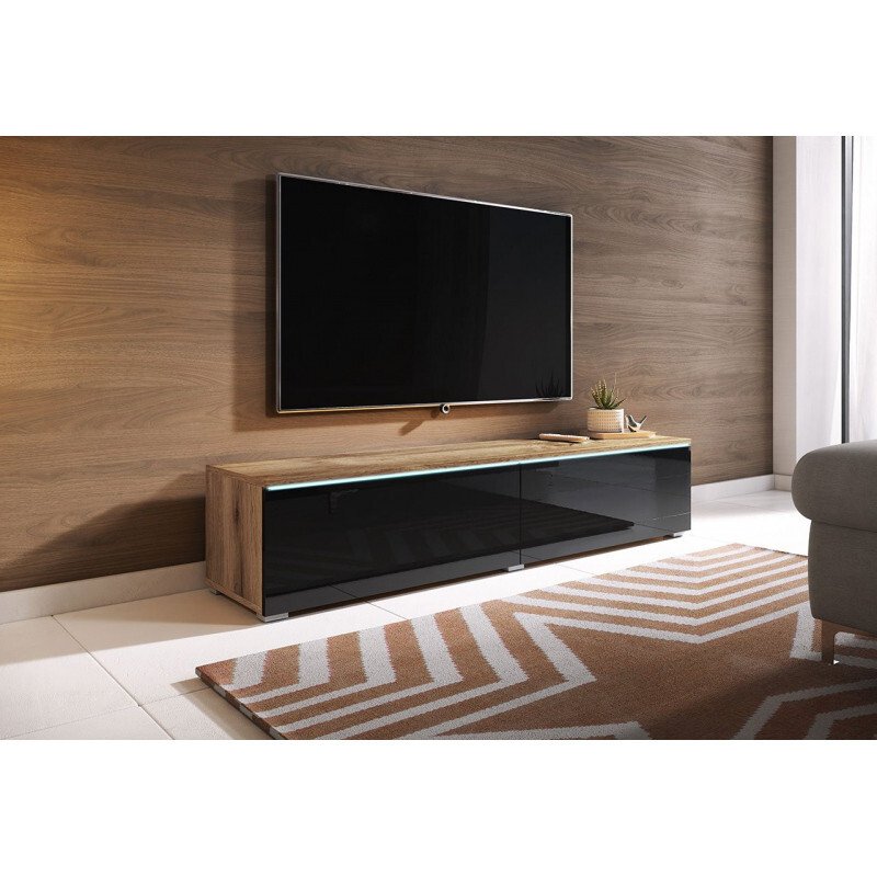 Szafka pod telewizor z oświetleniem LED 140 cm WILLA D – dąb wotan/czarny połysk