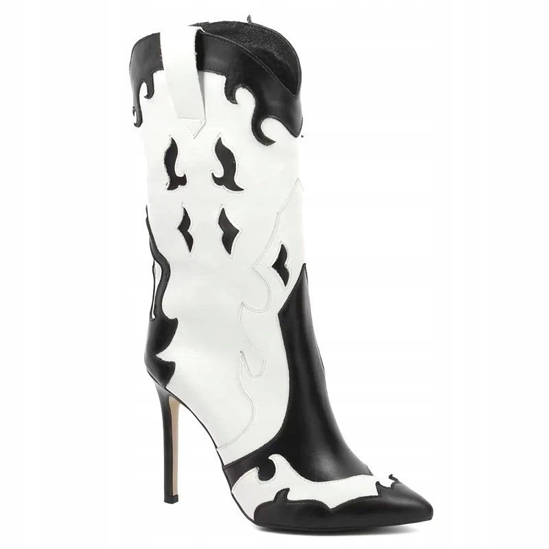 BIAŁO-CZARNE SKÓRZANE BOTKI KOWBOJKI NA SZPILCE CARINII B9360-E50-L46 R.38