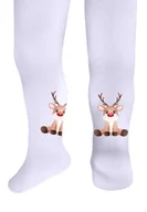Rajstopy - Dziewczęce białe rajstopy z świątecznym nadrukiem reniferka - miniaturka - grafika 1