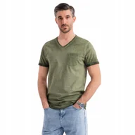 Koszulki męskie - Bawełniany męski t-shirt efekt sprania v-neck oliwkowy OM-TSWT-0242 V9 L - miniaturka - grafika 1