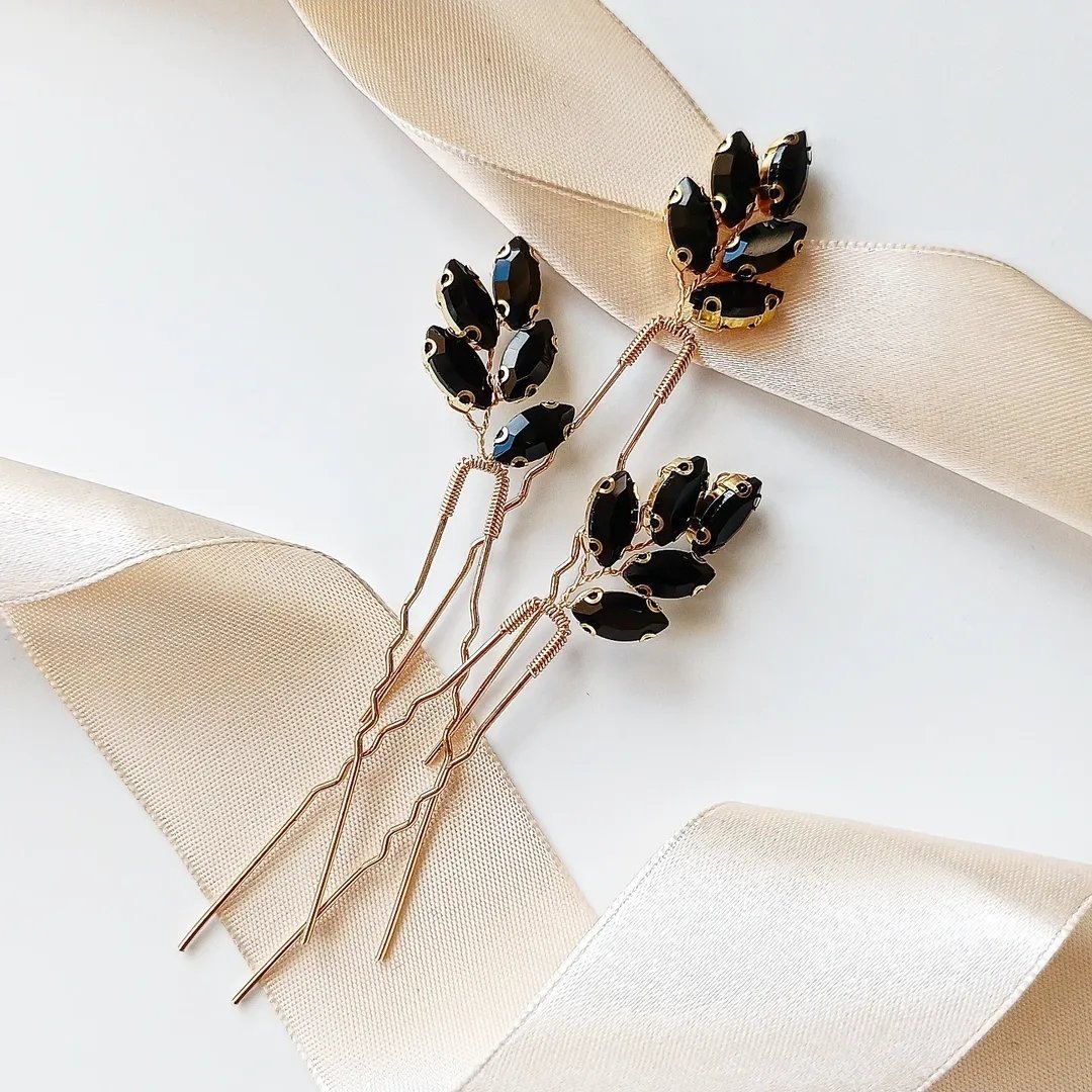 WSUWKI do włosów czarne pozłacane zestaw 3 ozdób delikatnych fryzury ŚLUBNE