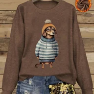 Swetry damskie - TEMU Sweter damski z okrągłym dekoltem w stylu jamnika – Przytulny sweter na każdą porę roku, casualowy i elegancki paskowany brązowo-beżowy model - miniaturka - grafika 1