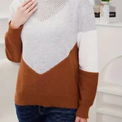 Bluzy damskie - TEMU Sweter damski zimowy w kolorze szarym z okrągłym dekoltem i wycięciami, casualowa modna bluza z długim rękawem na jesień i zimę, wygodny sweter - miniaturka - grafika 1