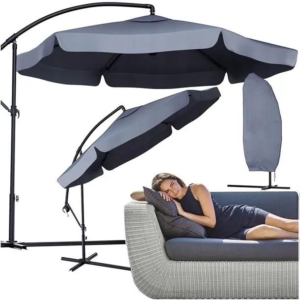 Parasol Ogrodowy Duży Składany 350cm Z Wysięgnikiem Jasny Szary + Pokrowiec