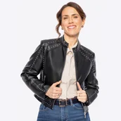 Kurtki damskie - Damska kurtka z ekoskóry w błyszczące nity czarna - miniaturka - grafika 1