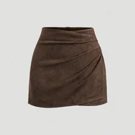 Spódnice - TEMU Włosko-Inspirowana Mini Spódniczka z Paskiem - Musztardowo- () Krótki Fason na Zamek, Odporna Na Zagniecenia i Pranie w Maszynie Elegancka - miniaturka - grafika 1