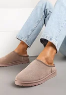 Kapcie damskie - Ciemnobeżowe Casualowe Kapcie na Płaskiej Podeszwie z Futerkiem Peccaria - miniaturka - grafika 1