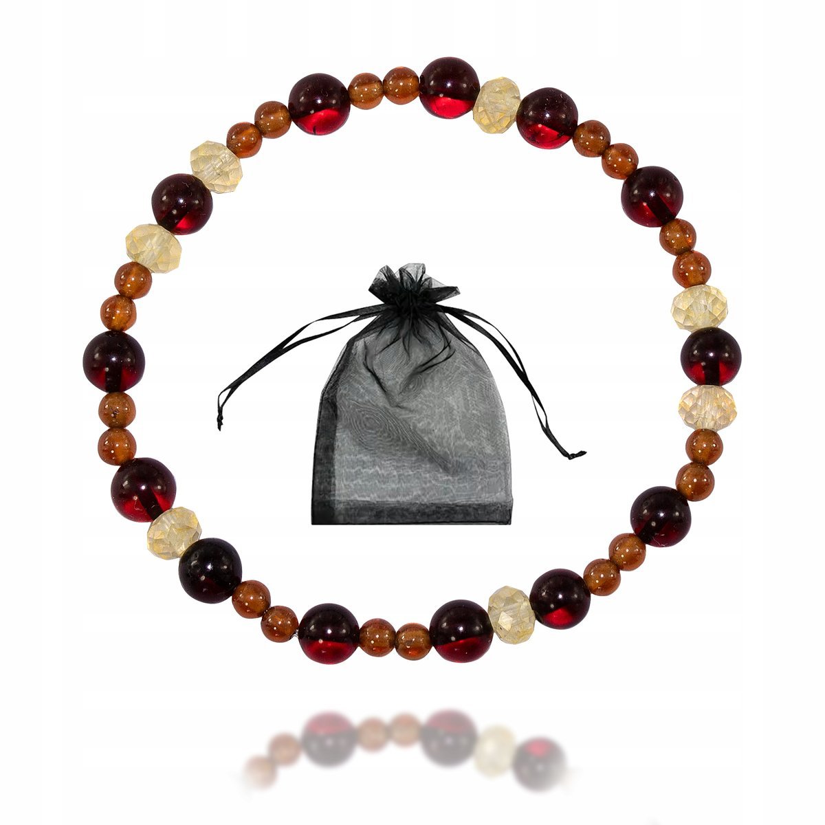Bransoletka Bursztyn Koniakowy Granat Cytryn Naturalne Kamienie gumka 18cm