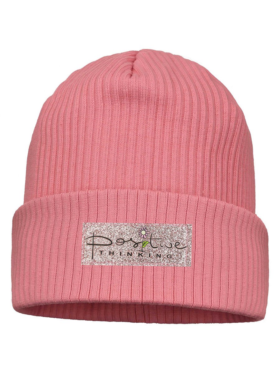 Dziewczęca czapka beanie prążek Positive thinking ciemnoróżowa Ambra r.50/54