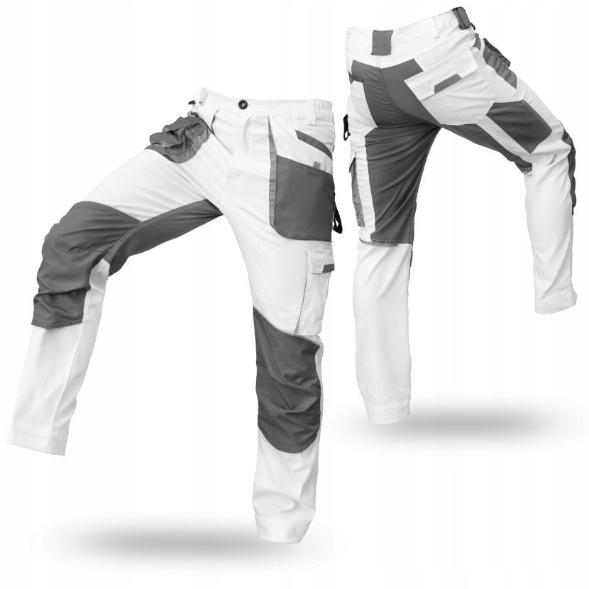 SPODNIE ROBOCZE MĘSKIE BOJÓWKI ELASTYCZNE WZMACNIANE LETNIE DO PASA BIAŁE