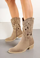 Botki damskie - Ciemnobeżowe Botki na Obcasie Typu Kowbojki z Cholewką Zdobioną Ażurowymi Wycięciami Felithiel - miniaturka - grafika 1