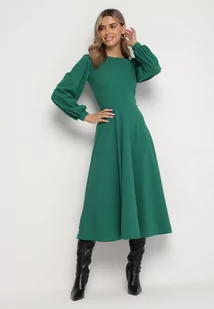 Zielona Rozkloszowana Midi Sukienka z Eleganckimi Luźnymi Rękawami Samriddhi - Sukienki - miniaturka - grafika 1