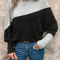 Bluzki damskie - TEMU Bluzka Damska z Eleganckim Żebrowaniem i Kolorowymi Rękawami Raglan - Casualowa i Stylowa na Jesień i Zimę, Biało-Czarny Dwukolorowy Wzór, - miniaturka - grafika 1