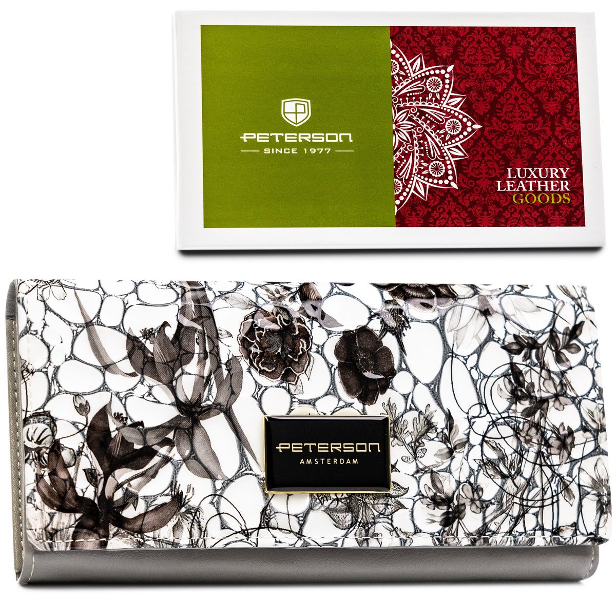 Modny duży szaro - biało - czarny portfel damski PETERSON lakierowana skóra naturalna rozbudowany na gotówkę karty dokumenty schowek na suwak pudełk..