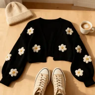 Swetry damskie - TEMU Damski kardigan w kwiaty - z motywem stokrotki, sweter z długim rękawem o otwartym przodzie na wiosnę/jesień, codzienna i elegancka odzież - miniaturka - grafika 1