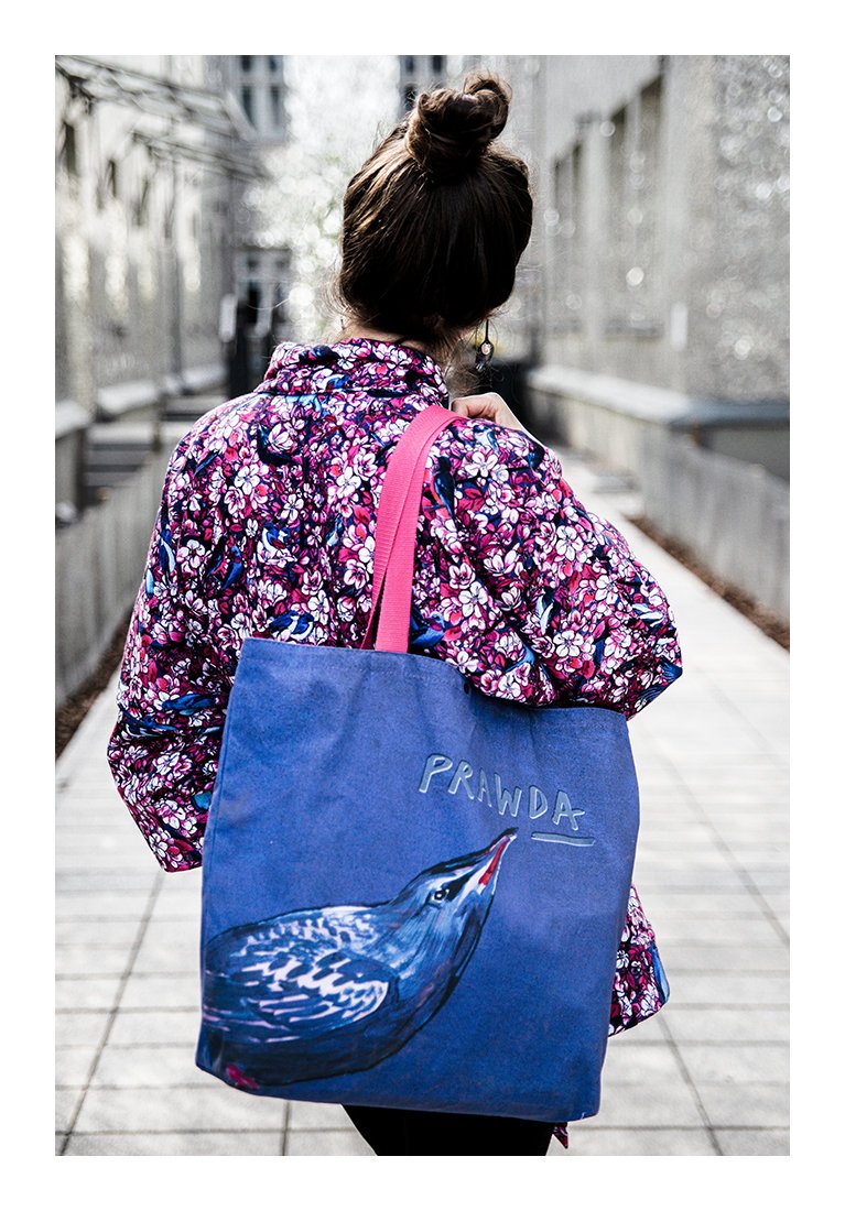 TORBA maxi /niebieska SZOPERKA XL, autorski print 4 PTAKI + szpak (100% sztywna BAWEŁNA)