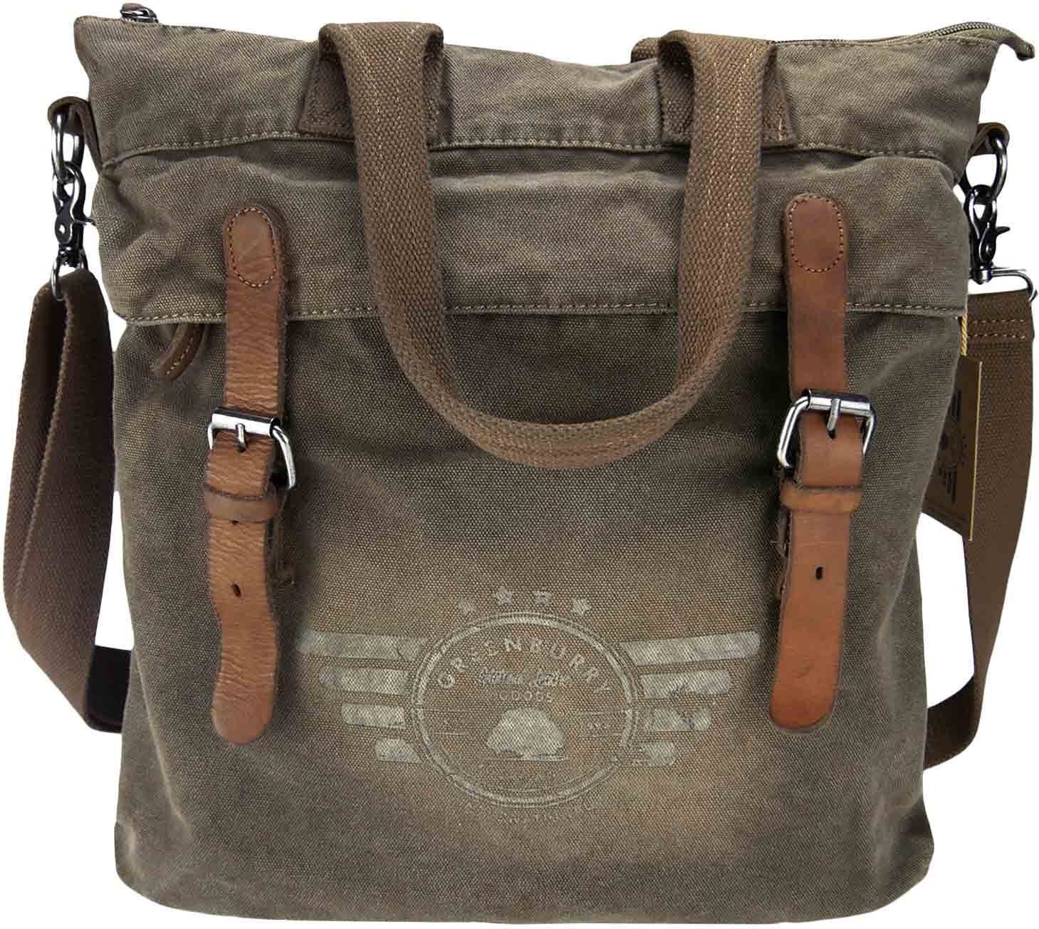 Greenburry Shopper Vintage Aviator Torebka damska płótno khaki ze skórzanym wykończeniem