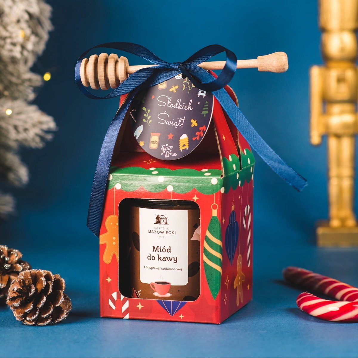 Zestaw świąteczny z miodem do kawy 400g w czerwonym pudełku / Bartnik Mazowiecki